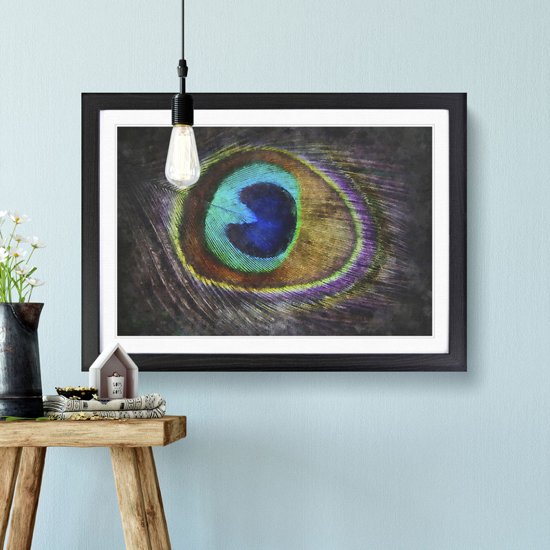 Delicate Peacock Feather - Picture Frame Graphic Art Print on MDF, Black Framed, 45cm H x 63cm W x 2cm D