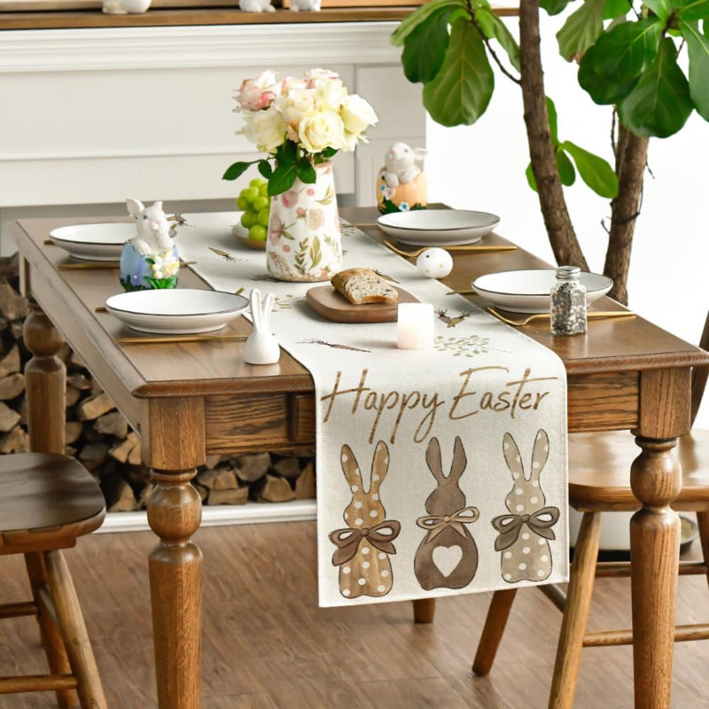 Carrots Rabbit Bunny Happy Easter Table Runner, Spring Summer Seasonal Holiday Kitchen Dining Table Decoration For Indoor Outdoor Home Party Decor