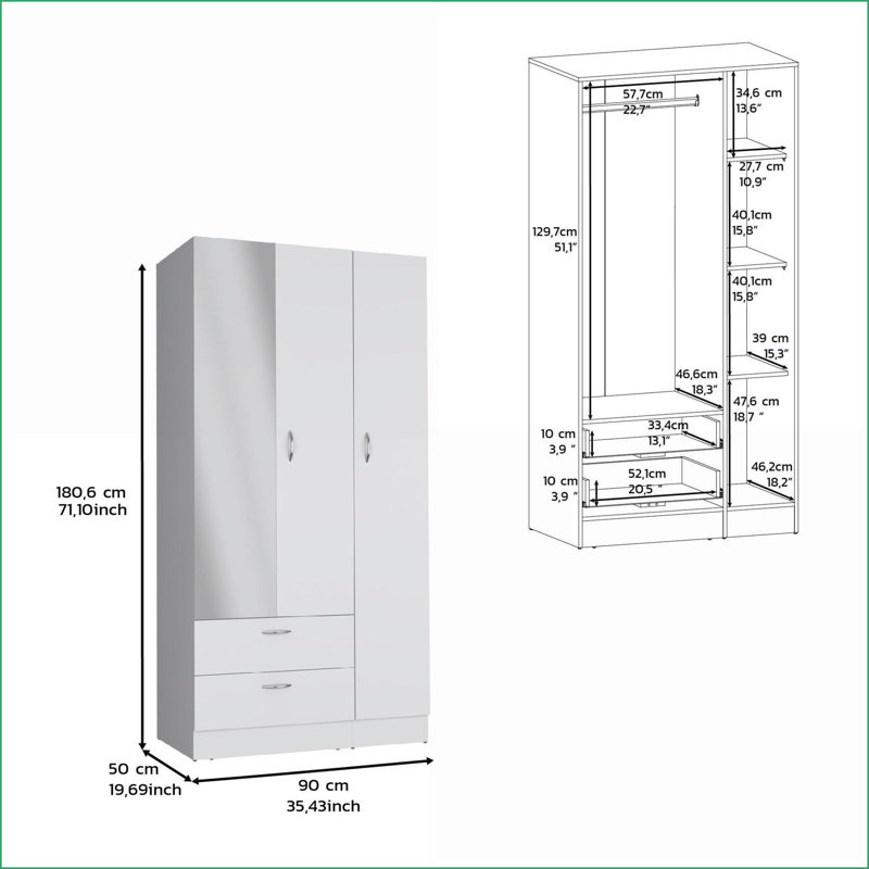 Garde-robe: 3 portes modernes avec miroir, 2 tiroirs et Barre de suspension | Blanc | Panneau de particules