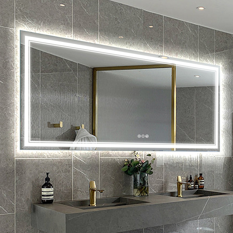  Miroir de salle de bain sans cadre à DEL avec éclairage avant et arrière, antibuée, gradation, 32 po x 84 po, Rectangulaire