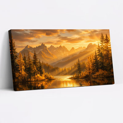 Mountain Landscape Sunset Canvas Wrapped Wall Art Oil Painting Print Set Of 1