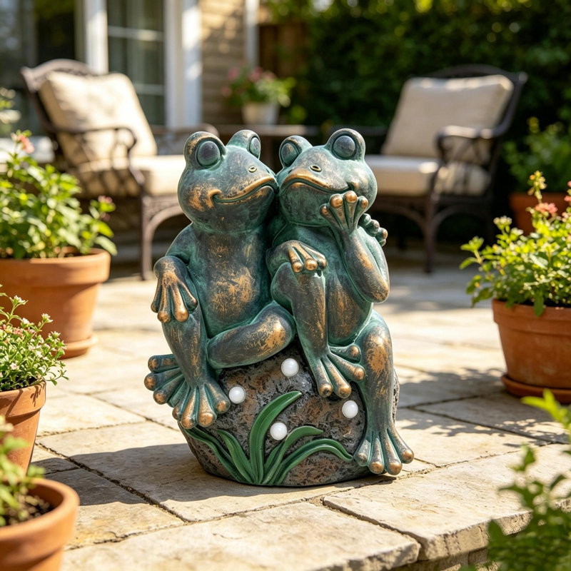 Sculpture fantaisiste représentant un couple de grenouilles enlacées, avec éclairage solaire d'ambiance, en oxyde de magnésium à patine bronze, décoration extérieure pour terrasse et jardin.