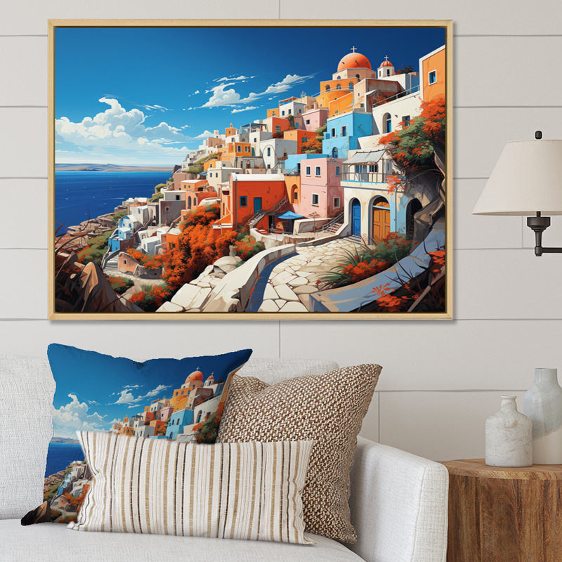 «Colorful Santorini Cityscape City Popape I», reproduction d'art sur toile, H 12 po x l 20 po x P 1 po, Cadre flottant blanc