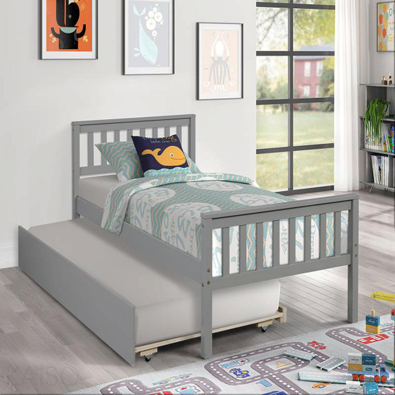 Cadre de lit simple avec lit gigogne, cadre de lit plateforme avec tête de lit et pied de lit, petit cadre de vie, sans sommier nécessaire, gris