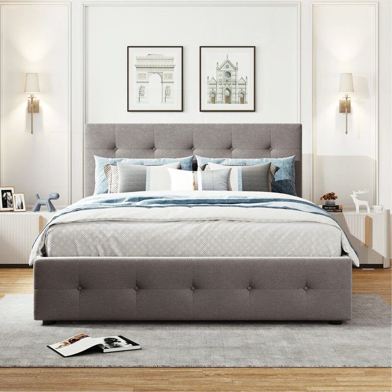 Lit plateforme tapissier avec 2 tiroirs et 1 lit gigogne simple TG, tissu de lin, grand lit - gris clair