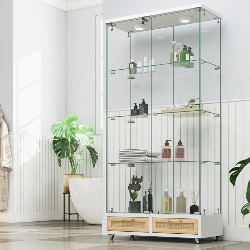 Vitrine moderne en verre avec grands tiroirs, Naturel / Blanc