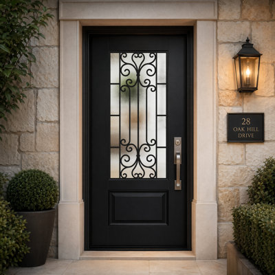 36 po X 80 po Plaque de porte en fibre de verre noire avec verre givré - ouverture à gauche
