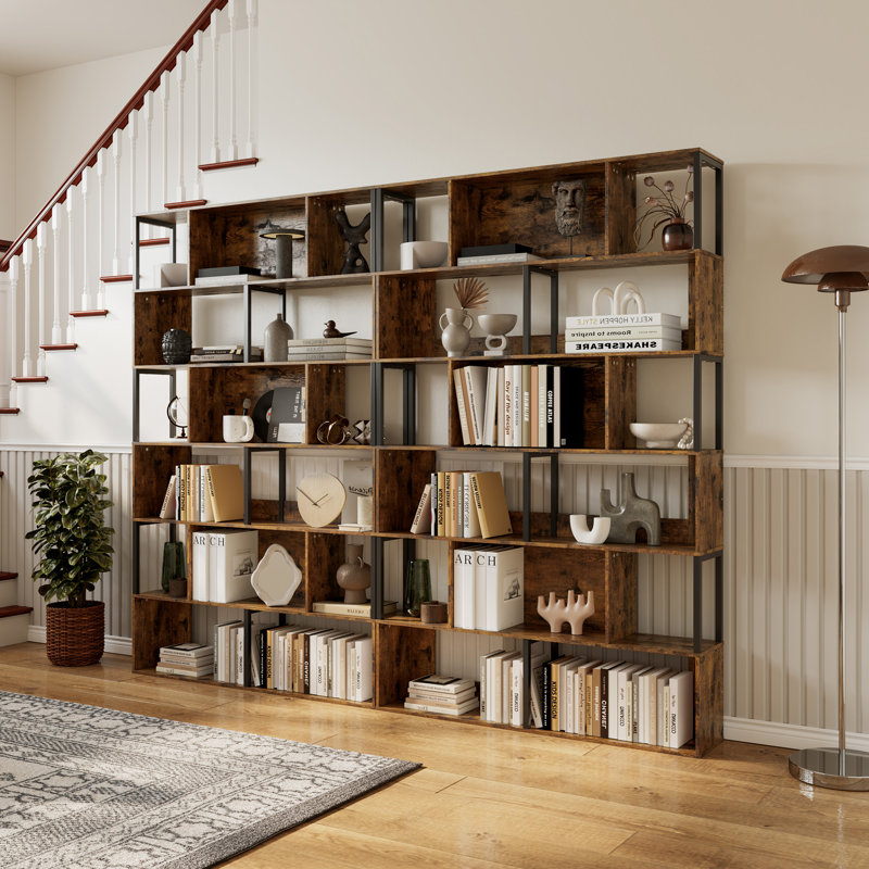 6-Tier Tall Geometric Bookshelf, Black Metal Standing Shelf with Sunset Cloud Finish, 5-Tier Open Storage Rack for Home Office & Living Room