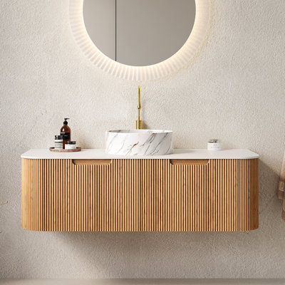 Meuble-lavabo mural 48 po avec lavabo vasque à texture de marbre, armoire courbée flottante avec façade à rayures 3D - bois naturel / noyer foncé / noir mat