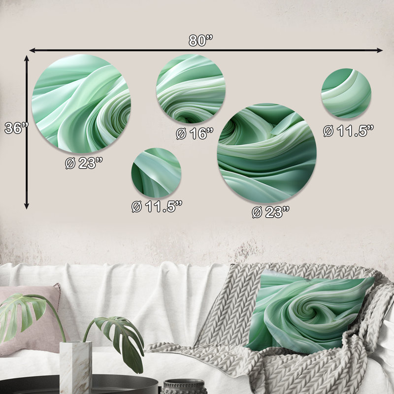 «Green Soft Fractal Spirals II», ensemble d'art mural rond à spirales abstraites de 5