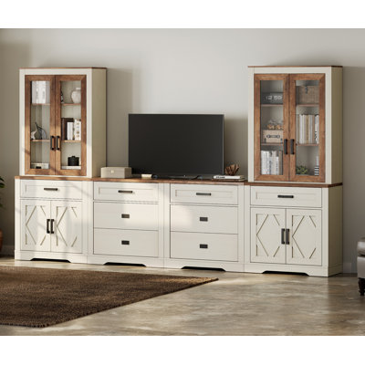 Très grand centre de divertissement avec de grandes bibliothèques de rangement, un meuble télé 4 en 1 avec 6 tiroirs et des armoires à portes de grange, une console multimédia pour les téléviseurs de 70 po ou moins, pour le salon, la chambre à coucher