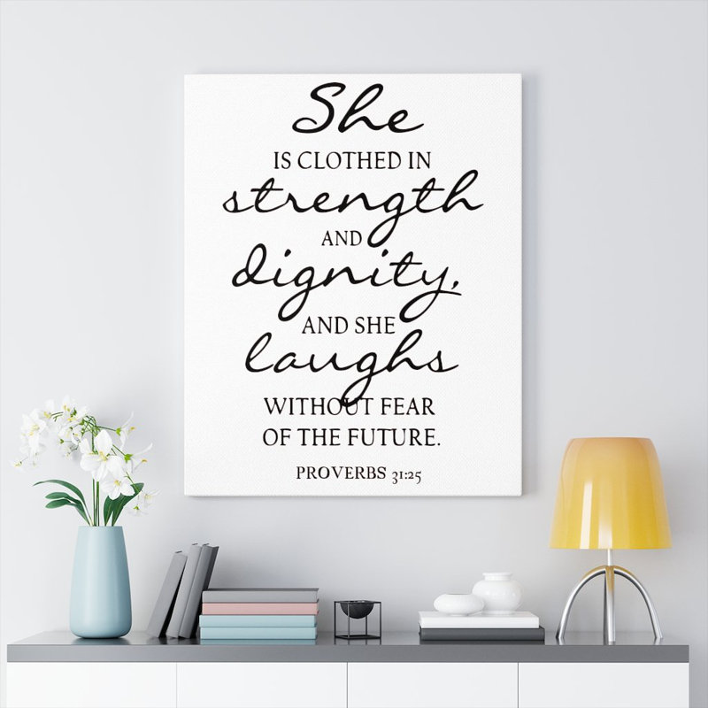 «Force, Dignity, andLaughs Proverbs 31:25», impression murale verset de la Bible chrétienne prête à être accrochée