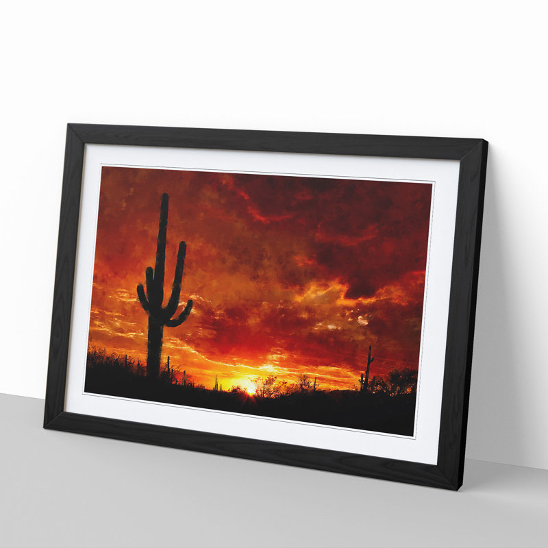 Sunset in Saguaro - Picture Frame Painting, 36cm H x 48cm W x 2cm D, Black Framed