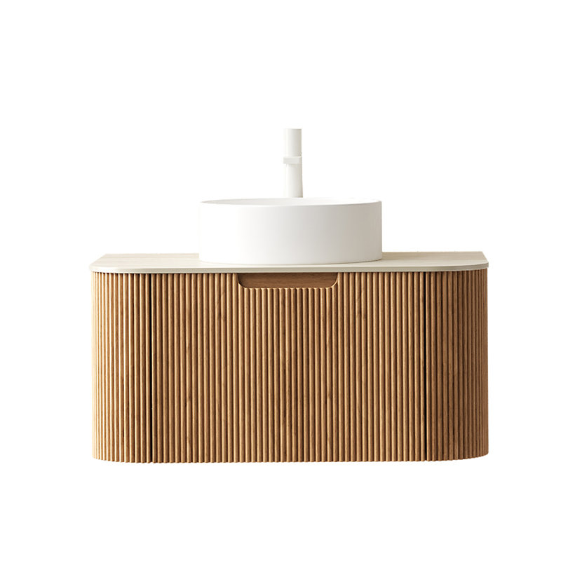 Meuble-lavabo flottant de 30 po avec lavabo en céramique blanc, plateau en pierre frittée et armoire de rangement en contreplaqué, finition grain de bois naturel