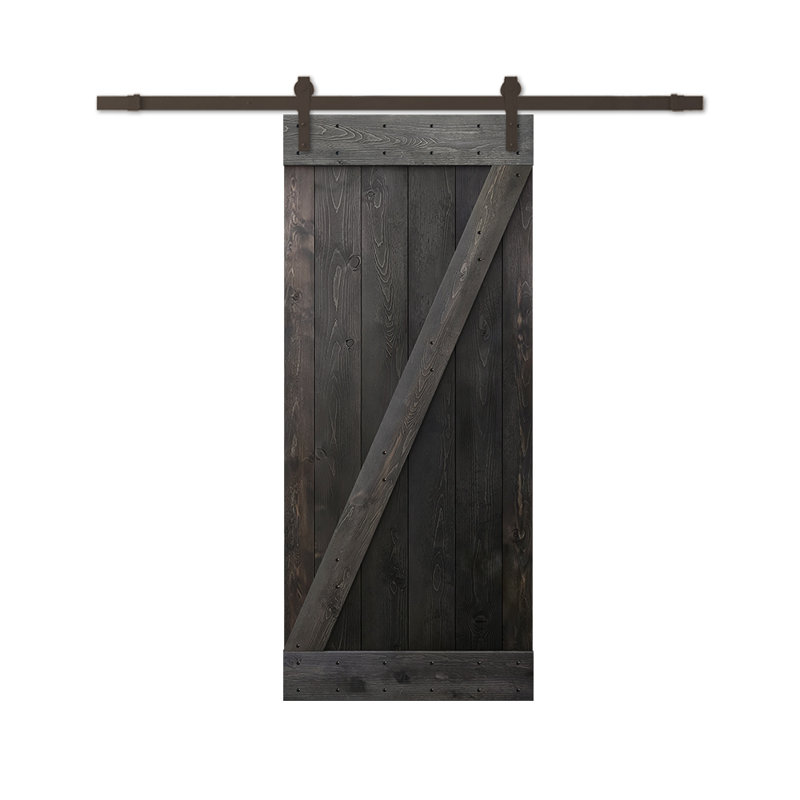 Gray Stained Knotty Pine Solid Wood Barn Door with Matte Black Hardware