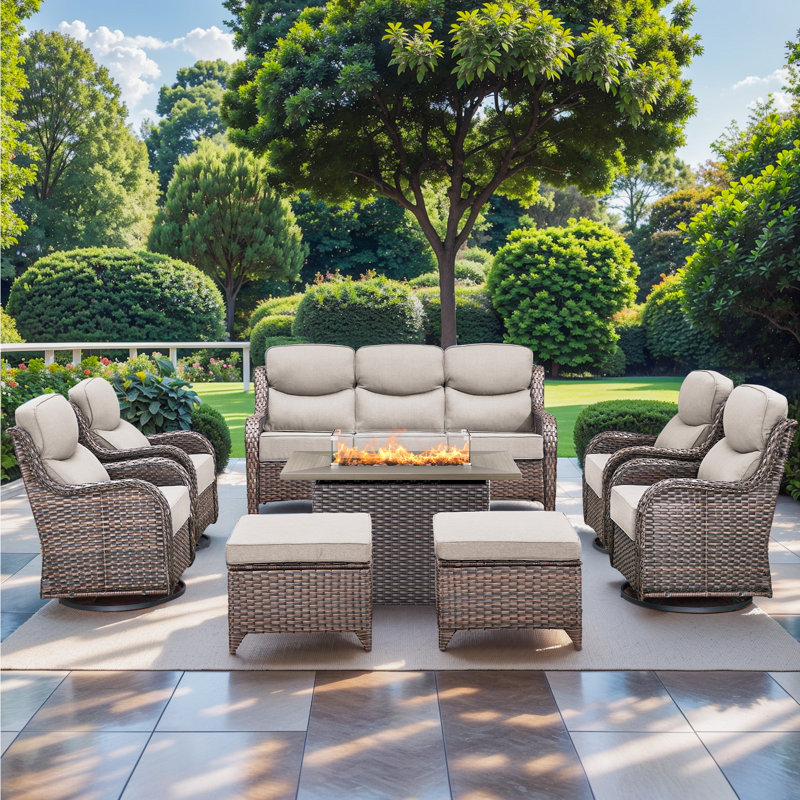High Back Outdoor Furniture With 6-Inch Extra Thick Cushions, Patio Furniture Set With Fire Pit Table & Swivel Chairs, 8PCS Wicker Conversation Set For Yard, Deck, Poolside