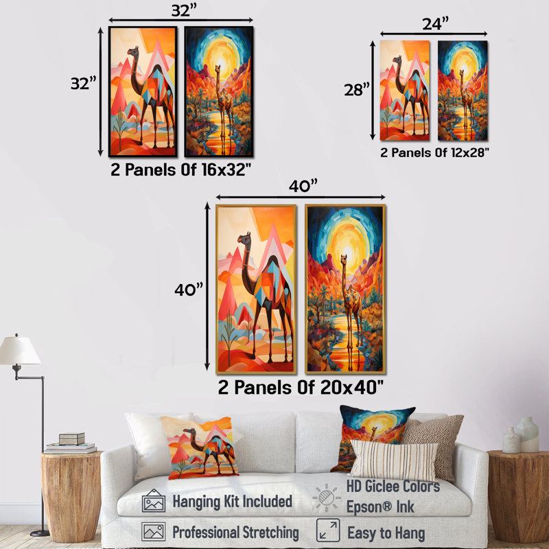 Chameau dans un paysage de désert du Sahara coloré I - ensemble d'art mural animal de chameau 2 pièces, H 40 po x l 40 po