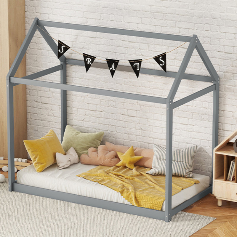 Twin Size Wooden House Bed, Grey, Bed