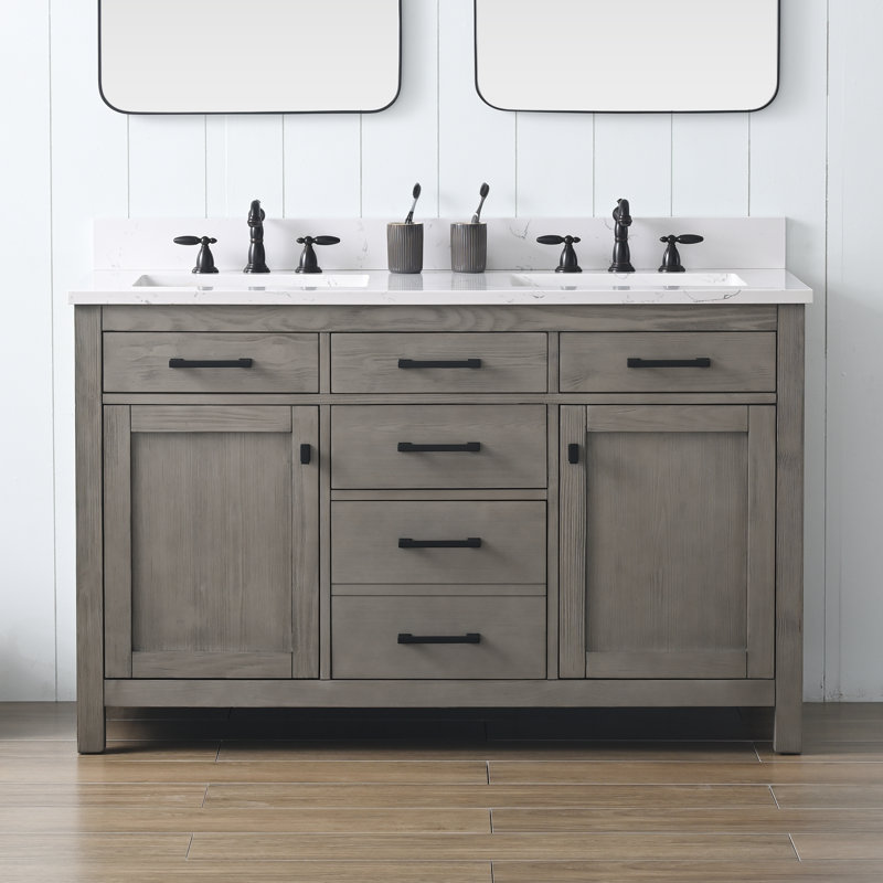 Ensemble de meuble-lavabo double 54 po Ajiya, Gris texturé / noir mat, Blanc de Carrare