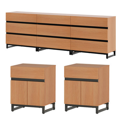 Ensemble 3 pièces de commode et table de chevet, commode 94,5 pouces avec 9 tiroirs, 2 table de chevet avec tiroir et armoire pour chambre à coucher, ensemble de mobilier de chambre à coucher