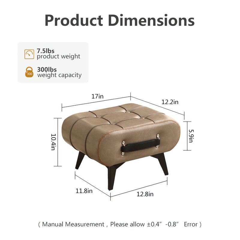 Faux Leather Handable Upholstery Ottoman，Foot Rest Footstool，Accent Stool for Home Deco, Khaki