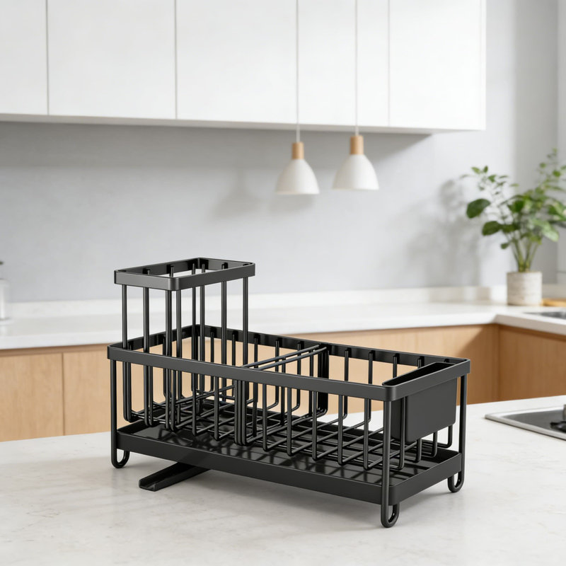 Organisateur d'évier de cuisine avec vidange automatique, chariot d'évier en acier inoxydable avec séparateurs réglables, grand porte-brosse et support à vaisselle pour comptoir