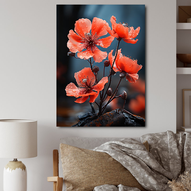 Corail, fleurs, coquelicot, noir, floral, salon, art mural, H 20 po x l 12 po x P 1 po, Toile tendue