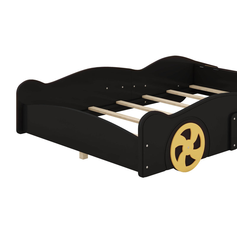 Lit plateforme en forme de voiture avec roues et rangement, Noir / Jaune, Lit double