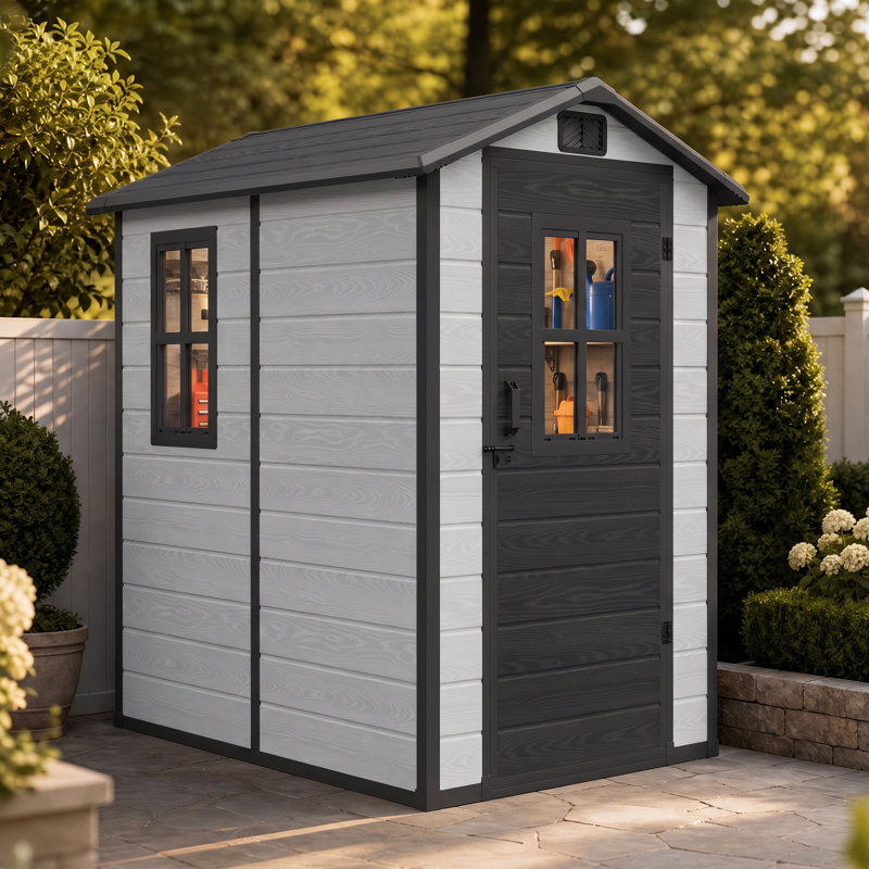 Remise de rangement d'extérieur en résine 4,4 pi x 6,2 pi avec plancher et évents Edrosie Inc, Black and Grey