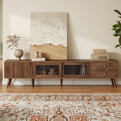 Meuble audio-vidéo en bois de 76 po pour téléviseur de 85 po avec portes en verre Waveform, compartiments cachés et pieds de meuble pour téléviseur solide de 76 po avec 76 tiroirs profonds coulissants, fabrication
