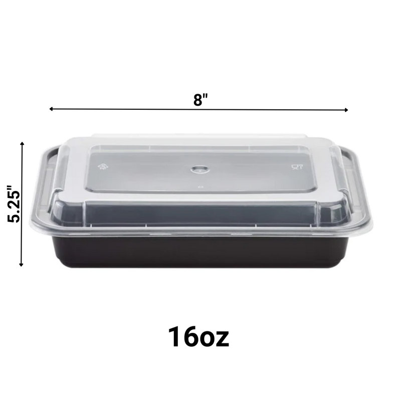 Dhanwanti 16oz. Black Rectangular Meal Prep / Bento Box Containers with Lids