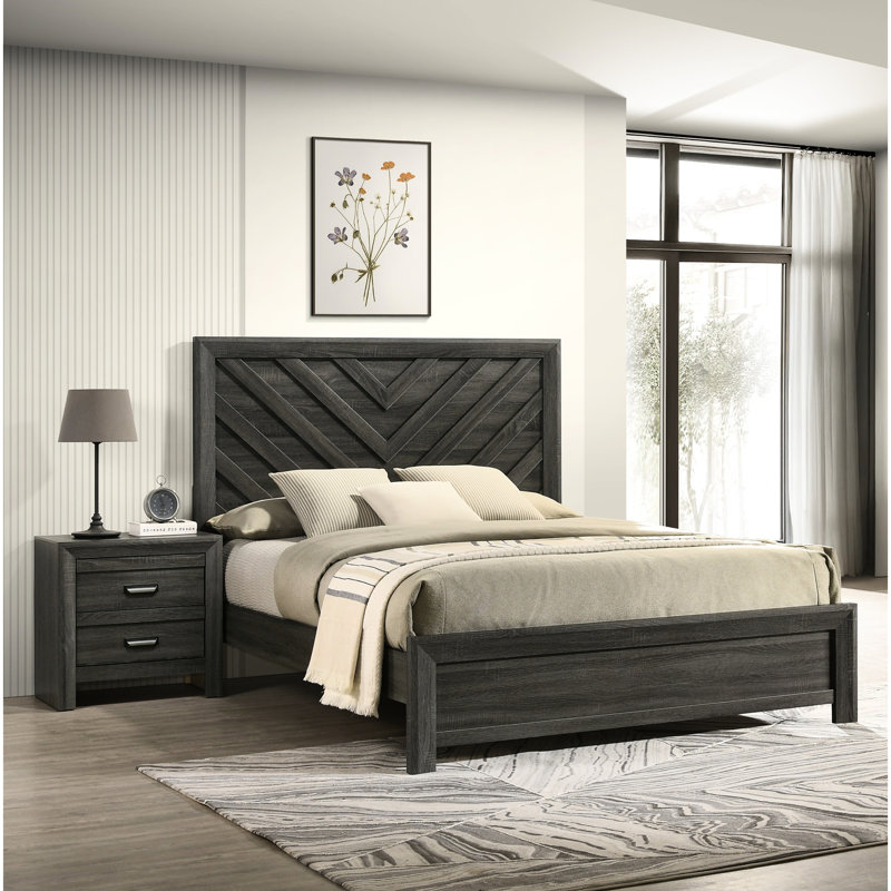 Très grand lit avec finition gris rustique, motif géométrique et style contemporain, tête de lit au point focal de la chambre à coucher, meuble