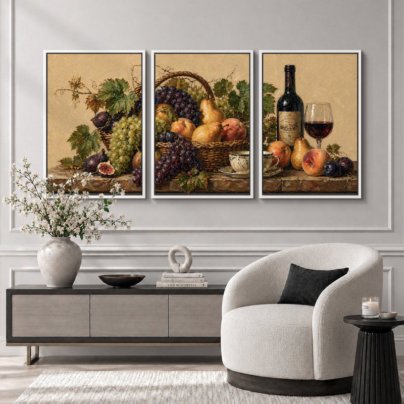 «Vintage Fruit Wine Still Life», art de salle à manger, impression sur toile encadrée, 3 pièces, H 24 po x l 48 po x P 1,5 po