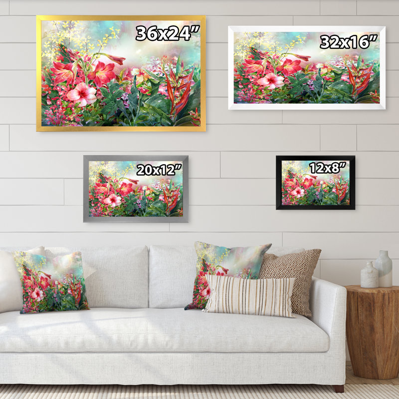 " Multicolor Spring Flowers Impression " Painting Print, 16'' H x 32'' W x 1'' D, White Picture Framed