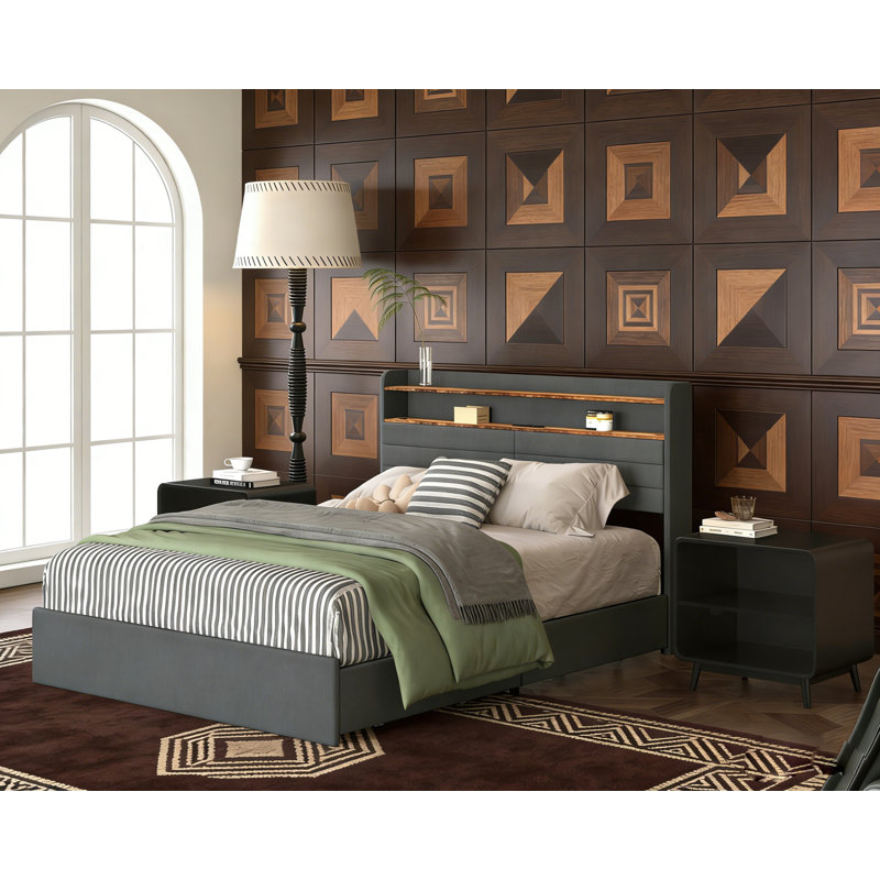 Platform Bed with LED Lights and Charging Station, Bed Frame with Storage Headboard and USB Ports, No Box Spring Needed, Black+ Gray, Queen