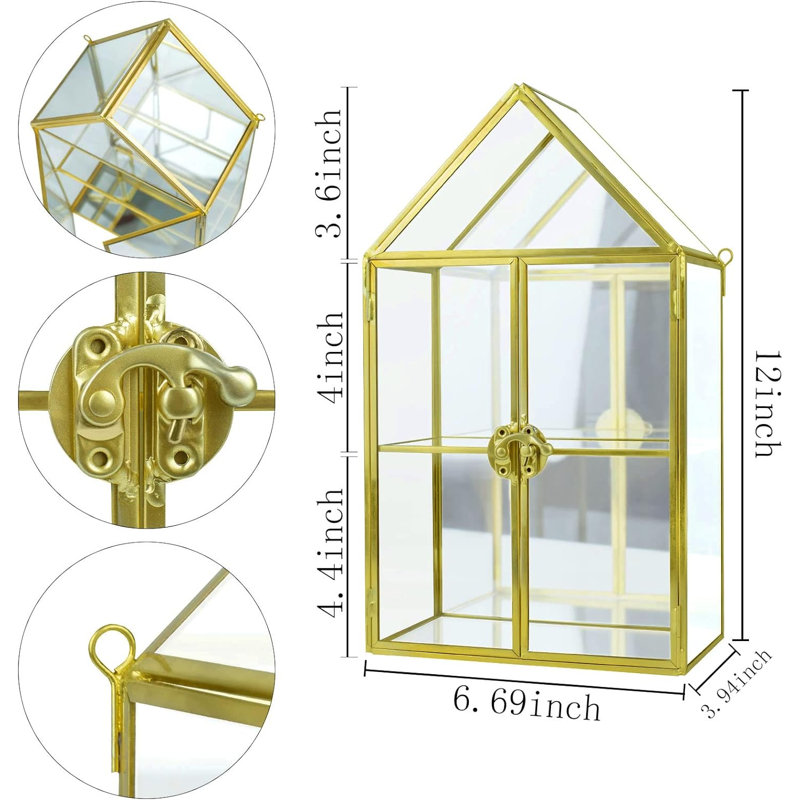Vitrine en verre, petites vitrines avec portes murales, petite vitrine dorée à 2 niveaux avec miroir de rangement pour parfums et cosmétiques