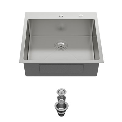 Évier de cuisine simple en acier inoxydable, structure à cuve simple de grande capacité de 24 pouces, convenant à la fois au comptoir et à l'installation intégrée, livré avec des composants de drainage complets, robustes et durables.