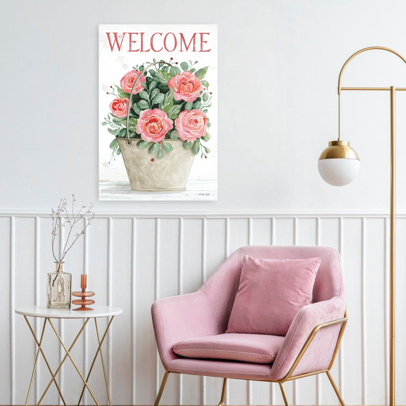 Welcome Roses In Pail, art floral contemporain d'été, H 24 po x l 16 po