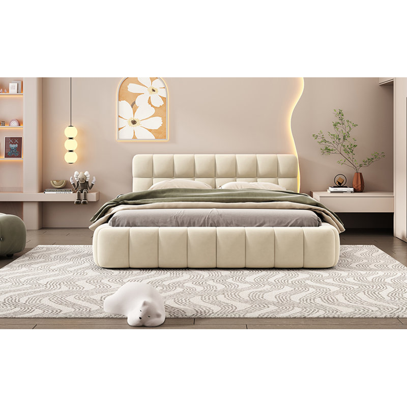 Upholstered Platform Bed With Thick Fabric, Grounded Bed With Solid Frame, Beige