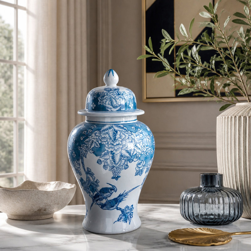 Pot à gingembre classique en porcelaine de 21 x 39 cm (8,3 x 15,2 po) avec un élégant motif de fleurs et d'oiseaux, silhouette incurvée pour la table