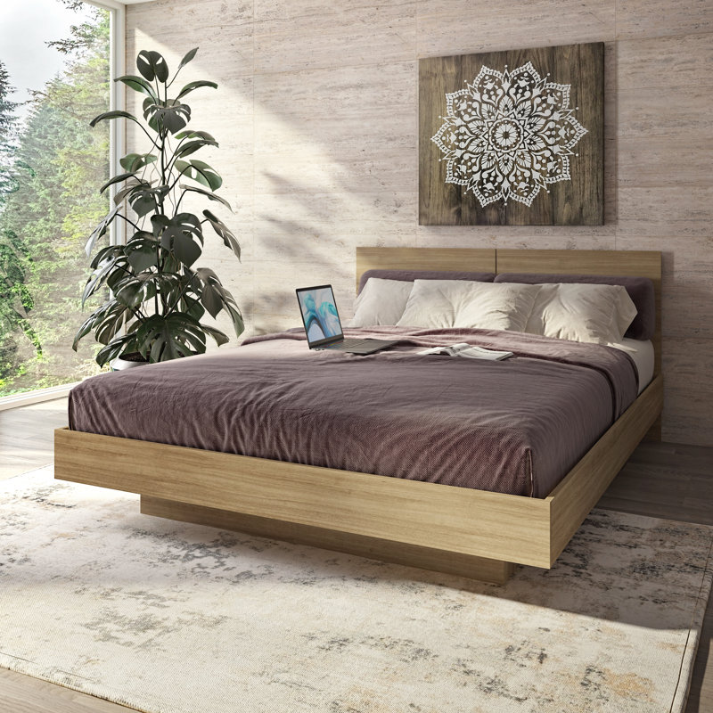 Lit plateforme Combo Zen avec tête de lit KAPPA - Assemblage facile, aucun sommier requis, Beige