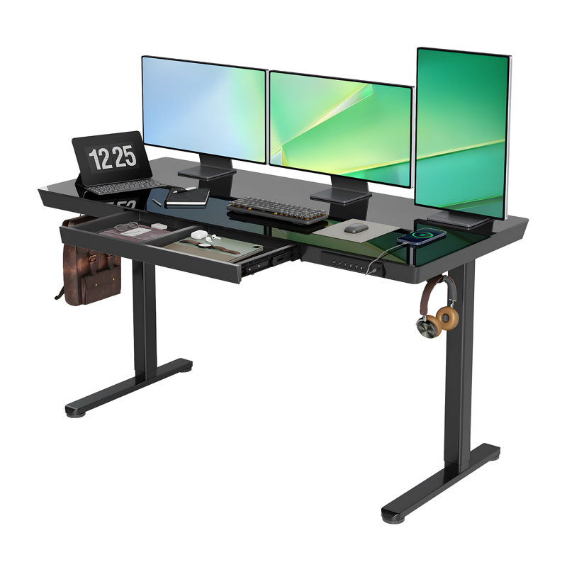 Tempered Glass Top Height Adjustable Standing Desk, Computer Desk with Drawer and USB Charge, Black, 46.5" H x 55" W x 24" D