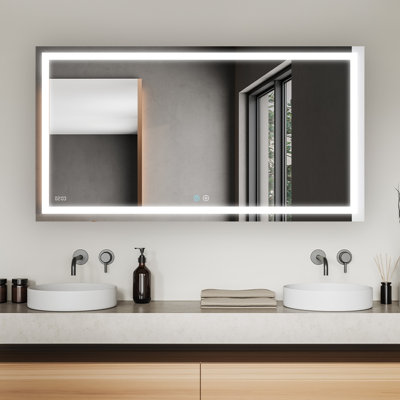 Daytona LED Wall-Mount Mirror for Bathroom with 3 Color Lighting, Touch Control, Dimmer and Defogger, Digital Clock.