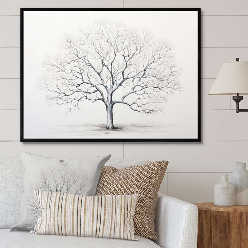 " White Tree Monochrome Simplicity ", Black Floater Framed, 16" H x 32" W x 1" D