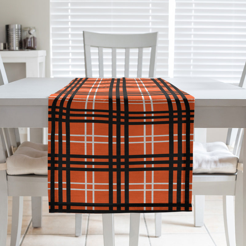 Chemin de table en polyester payant, L 72 po x l 16 po, Orange / blanc / noir