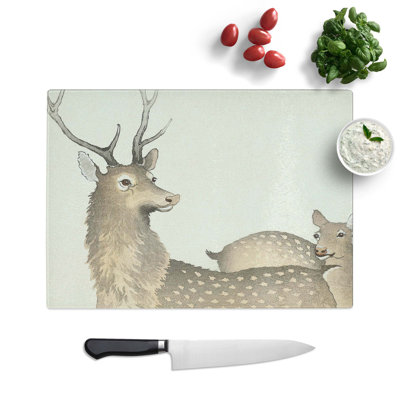 Tempered Glass Stag and Doe Deer by Ohara Koson Chopping Board