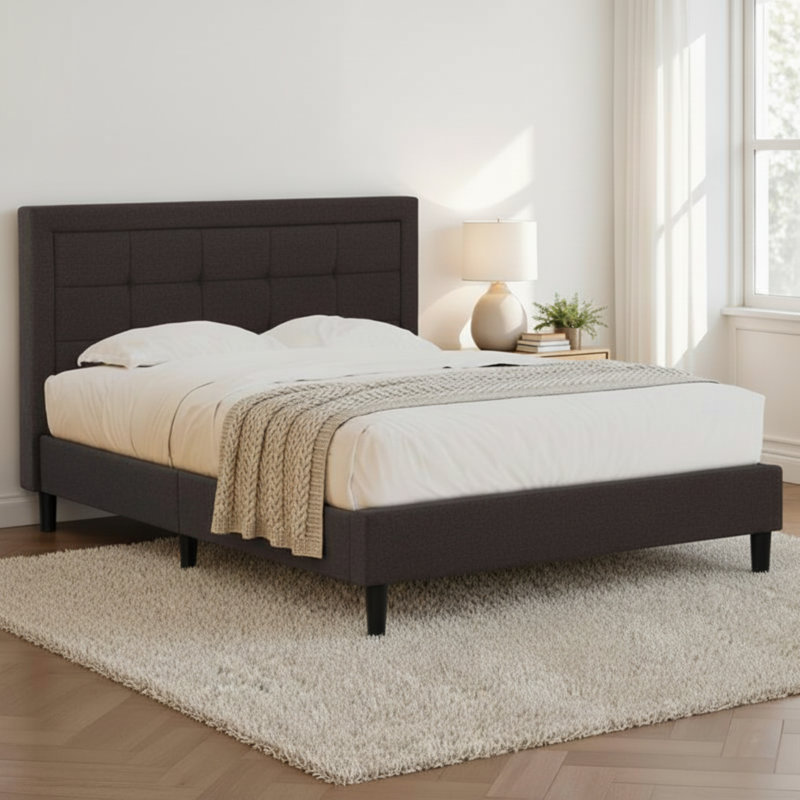 Grand lit plateforme tapissier avec tête de lit capitonnée Cora, Grand