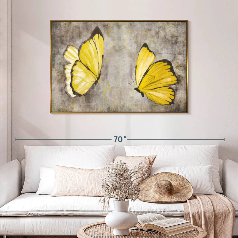 Papillons jaunes, 46 po x 31 po, Cadre flottant doré