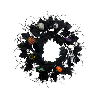 Couronne d'Halloween noire de 50 cm pour porte d'entrée, couronne de feuilles d'érable artificielles avec crâne, araignée, citrouille, œil et main de squelette pour la décoration intérieure et extérieure
