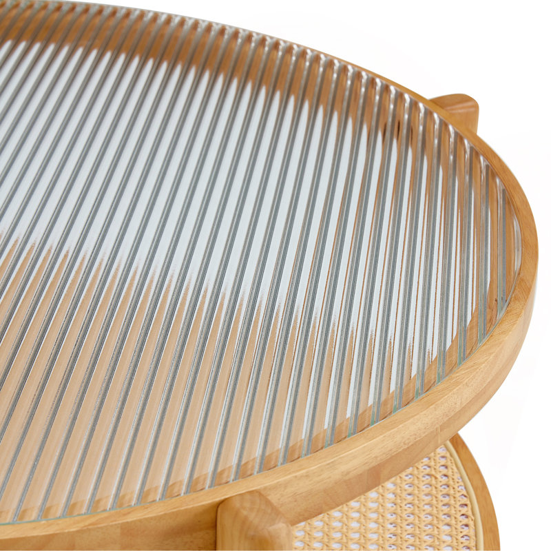circular double-layer coffee table, craft glass tabletop, PE rattan, solid wood frame., Natural Wood